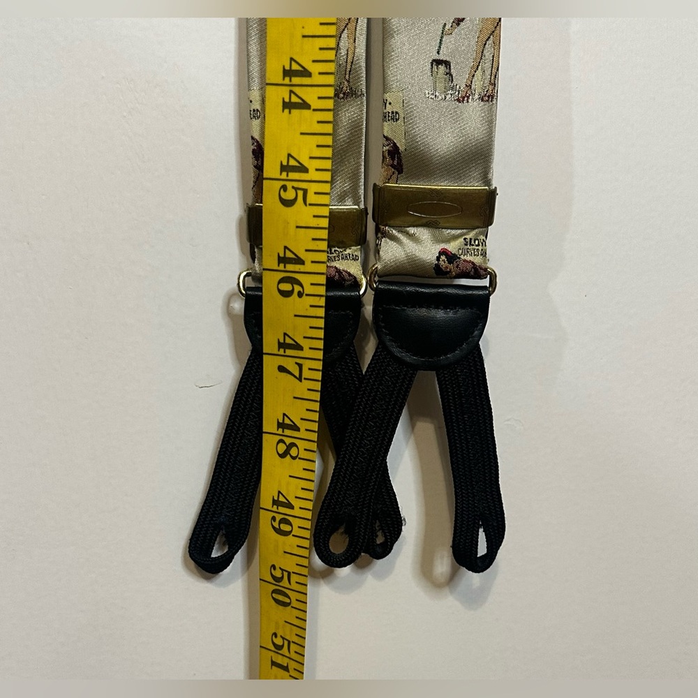 Cole Haan Suspenders Made In USA Beige Pin-up Woman Slow Curves Ahead Rare 50in. - Picture 13 of 13